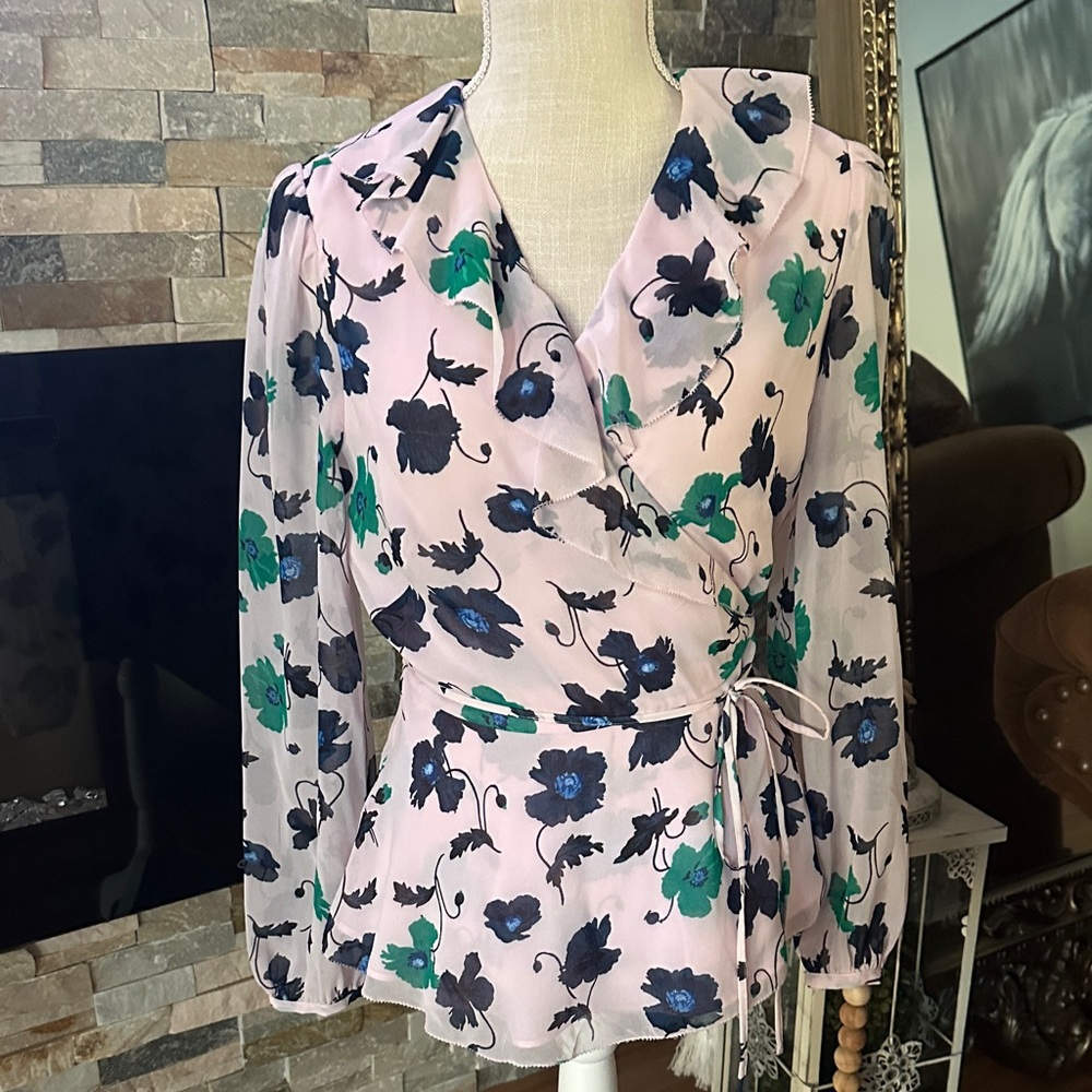 Ann Taylor Floral Wrap Blouse - Pink, Blue, Green